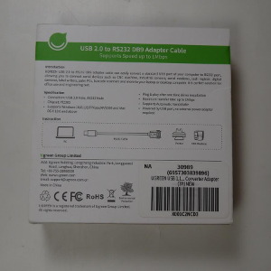 back of box: green usb to rs232 adapter with pl2303 chip